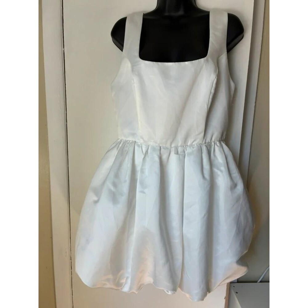 White Satin Square Neck Bubble-Hem Mini Dress